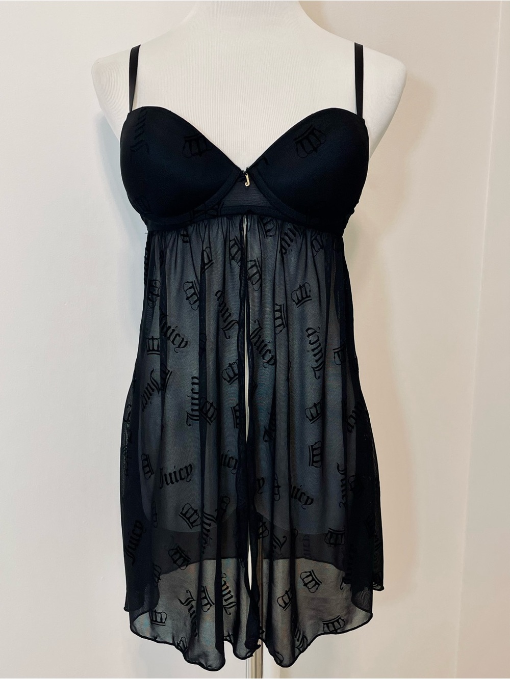 Juicy Couture Gothic Crown Logo Sheer Black Babydoll Lingerie Dress Size M